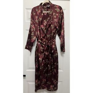 Vintage Red Wine Floral Satin‎ Long Robe Dress Made In Korea Kimono Dress Medium